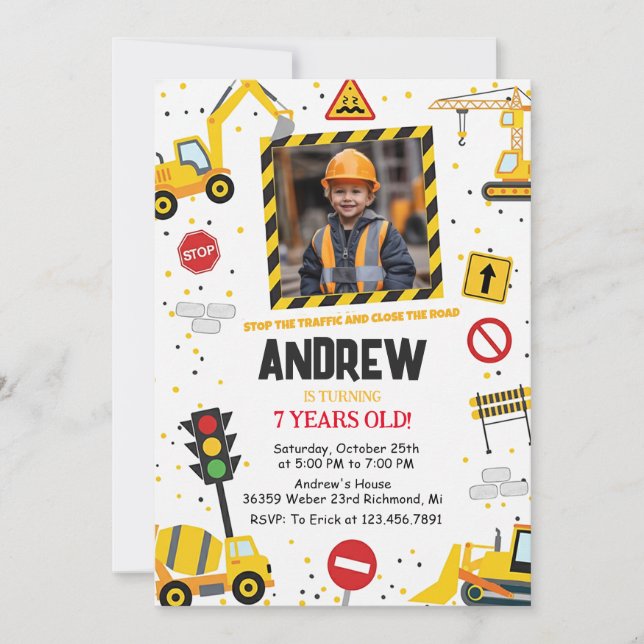 Custom Construction Birthday Party with Image Invitation (Front)