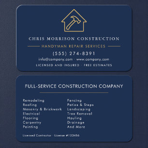 Custom Construction & Handyman Navy Blue Gold Business Card