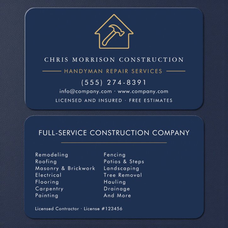 Custom Construction Handyman Navy Blue Gold Business Card