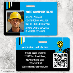 Custom Construction ID Work QR Code Blue Black Badge
