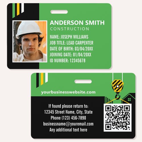 Custom Construction ID Work QR Code Green Black Badge