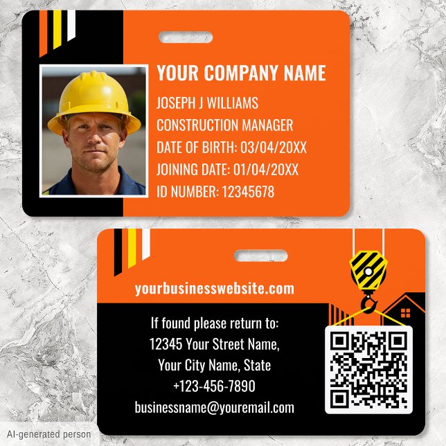 Custom Construction ID Work QR Code Orange Black Badge (Creator Uploaded)