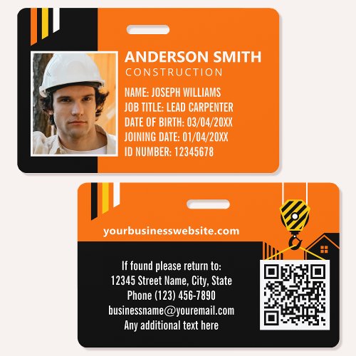 Custom Construction ID Work QR Code Orange Black Badge