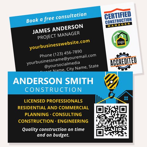 Custom Construction QR Code Logo Blue Black Business Card