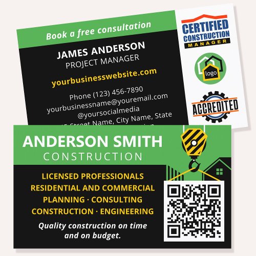Custom Construction QR Code Logo Green Business Card