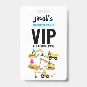 Custom Construction Trucks Birthday Party Pass  Badge