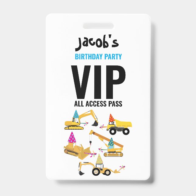 Custom Construction Trucks Birthday Party Pass  Badge (Front)