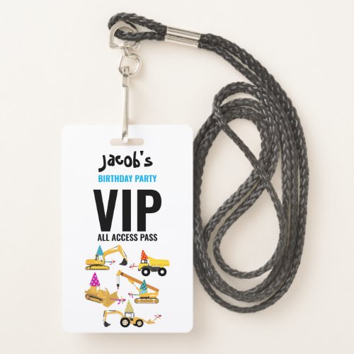 Custom Construction Trucks Birthday Party Pass  Badge