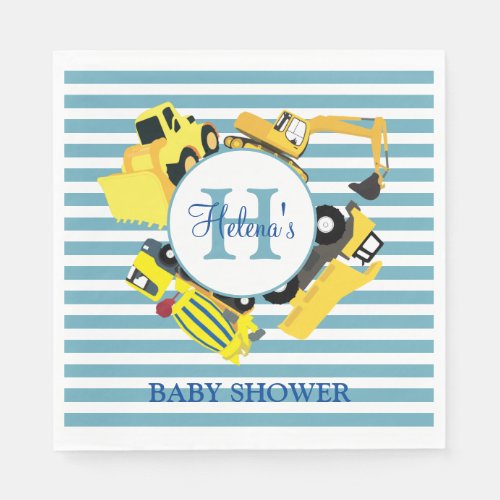 Custom Construction Trucks Blue Stripe Baby Shower Napkins