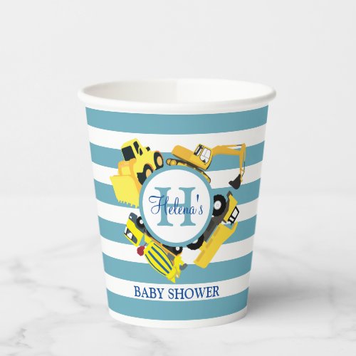 Custom Construction Trucks Blue Stripe Baby Shower Paper Cups