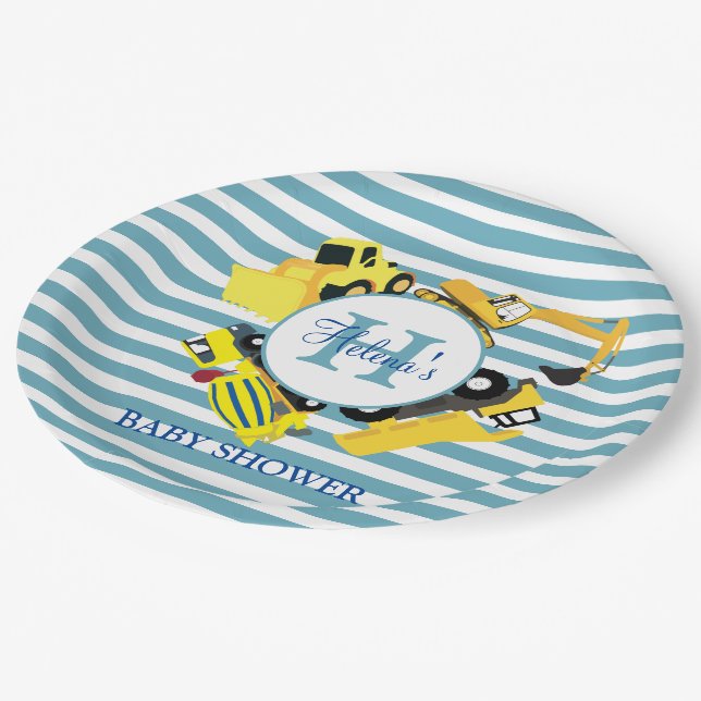 Custom Construction Trucks Blue Stripe Baby Shower Paper Plates (Angled)