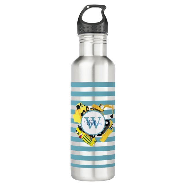 Custom Construction Trucks Blue Stripe Stainless Steel Water Bottle (Front)