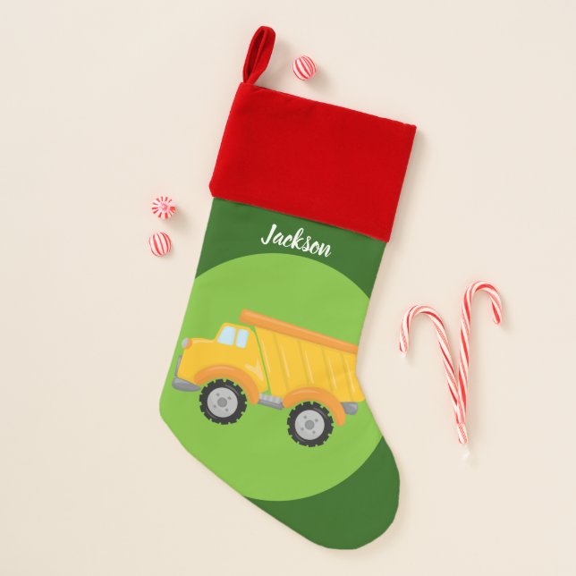 Custom Constuction Kid Dump Truck Christmas Stocking (Front)