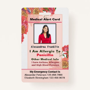Custom Contact Card Medical Alert Emergency  Badge