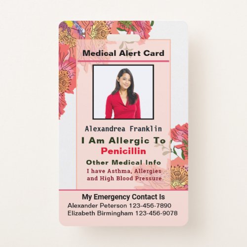 Custom Contact Card Medical Alert Emergency  Badge