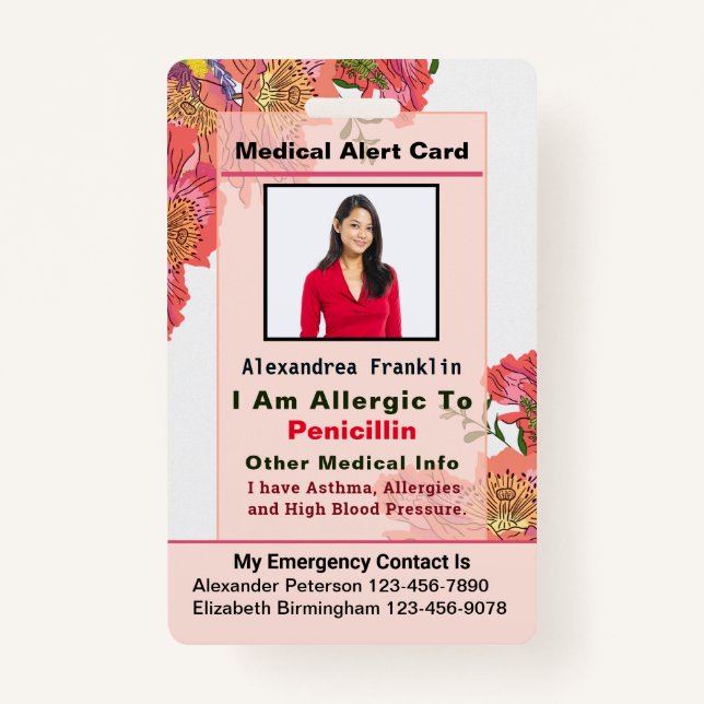Custom Contact Card Medical Alert Emergency  Badge (Front)