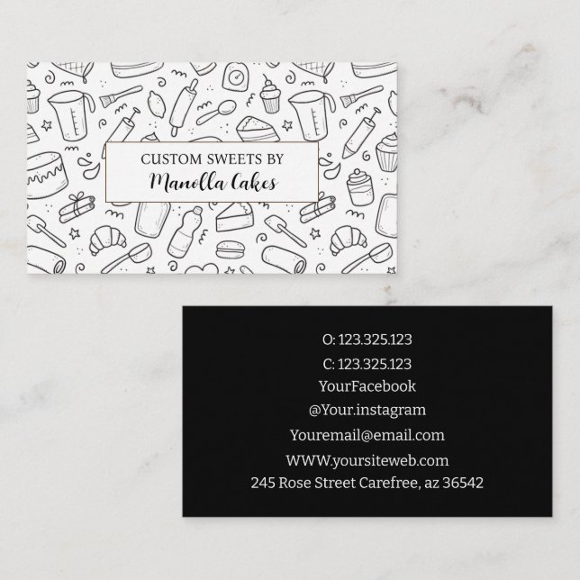 Custom cooking & baking black&white Utensil Bakery Business Card (Front/Back)