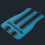 Custom Cool Aqua Blue Black Auto Race Sport Stripe Car Floor Mat<br><div class="desc">Classy black dual racing car stripes pattern design on a medium blue background. Customize with name, monogram, initials, or (limited) text of your choice. Designed for the stylish race car sport, Nascar, Indy 500, Le Mans or Formula One Grand Prix racing fan, the lover or owners of classic cars, muscle...</div>