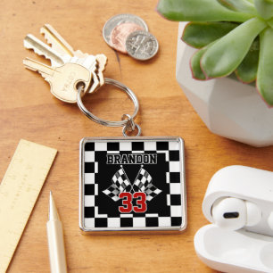 Custom Cool Black And White Checkered Flag Pattern Keychain