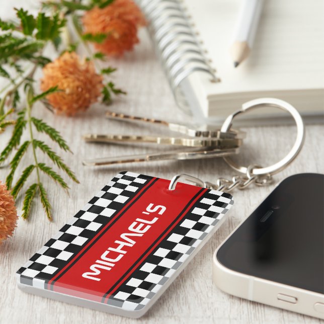 Custom Cool Black And White Checkered Flag Pattern Keychain (Front Right)