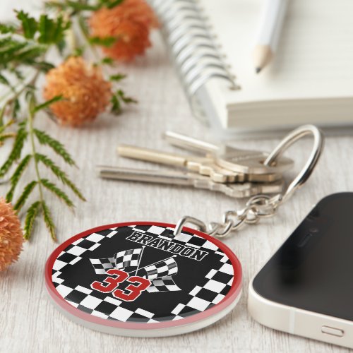 Custom Cool Black And White Checkered Flag Pattern Keychain