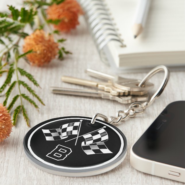 Custom Cool Black And White Checkered Flag Pattern Keychain (Front Right)