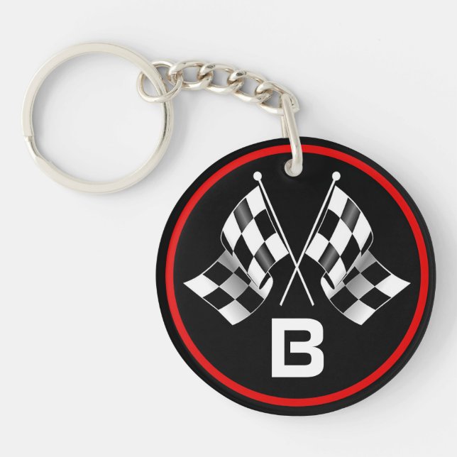Custom Cool Black And White Checkered Flag Pattern Keychain (Front)