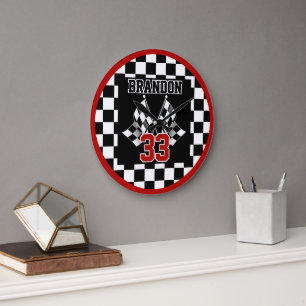 Custom Cool Black And White Checkered Flag Pattern Large Clock
