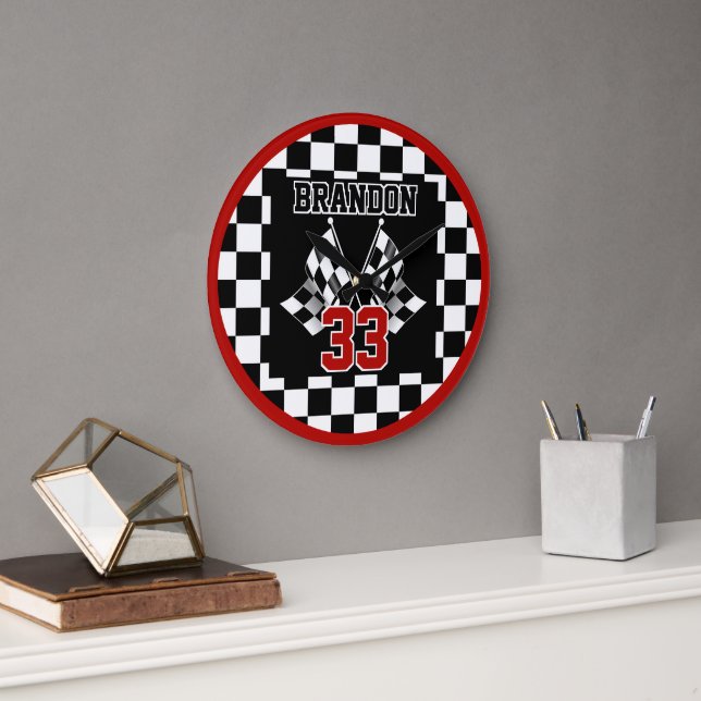 Custom Cool Black And White Checkered Flag Pattern Large Clock (Office)