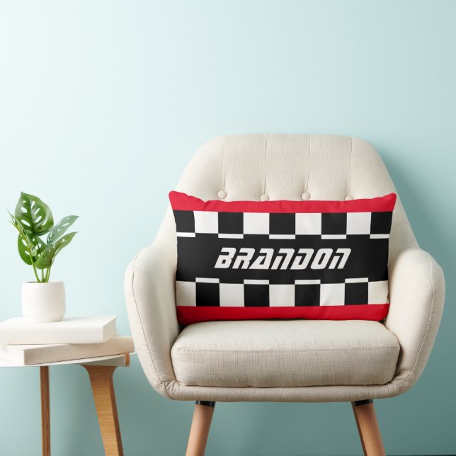 Custom Cool Black And White Checkered Flag Pattern Lumbar Pillow (Chair)