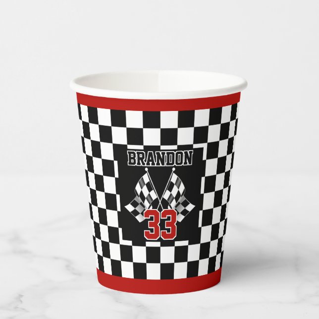 Custom Cool Black And White Checkered Flag Pattern Paper Cups (Left)