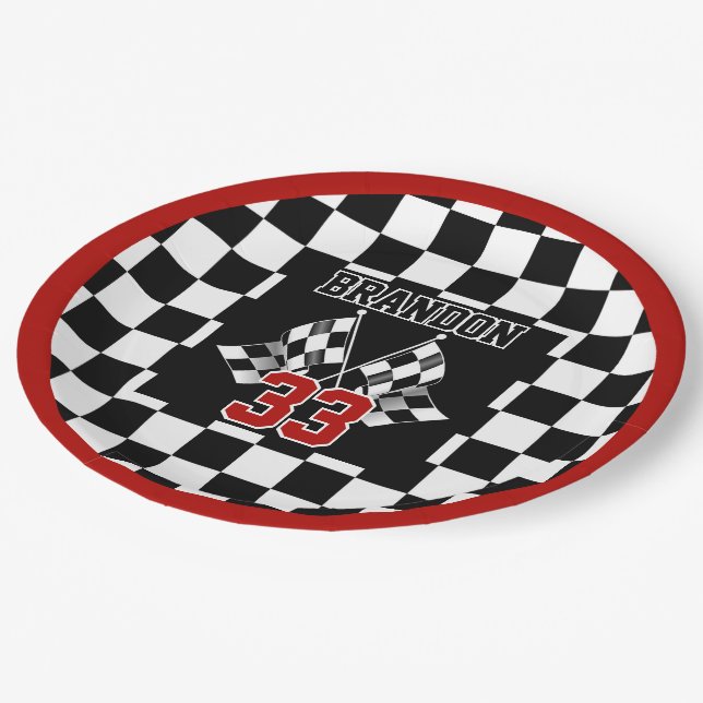 Custom Cool Black And White Checkered Flag Pattern Paper Plates (Angled)