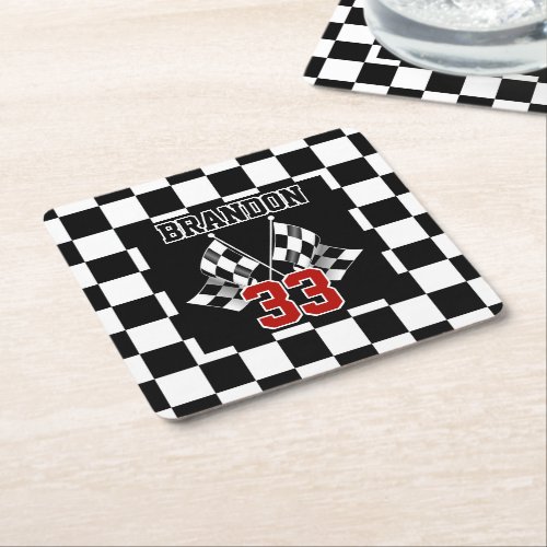 Custom Cool Black And White Checkered Flag Pattern Square Paper Coaster