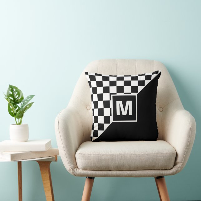 Custom Cool Black And White Checkered Flag Pattern Throw Pillow (Chair)