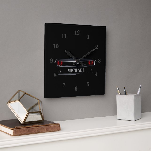 Custom Cool black Chevy Camaro Your name numbers Square Wall Clock (Office)