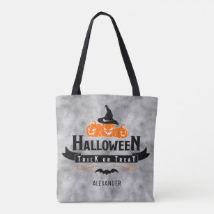Custom Cool Black Halloween Trick or Treat Pumpkin Tote Bag