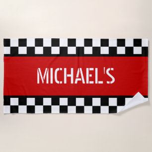 Custom Cool Black White Checkered Flag On Red Beach Towel