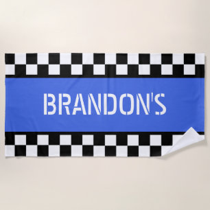 Custom Cool Black White Flag Pattern On Blue Beach Towel