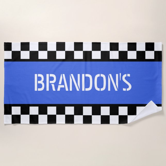Custom Cool Black White Flag Pattern On Blue Beach Towel (Front)