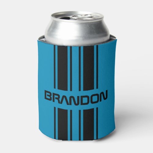 Custom Cool Blue And Black Auto Race Sport Stripes Can Cooler