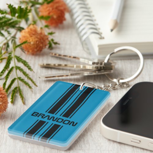 Custom Cool Blue And Black Auto Race Sport Stripes Keychain