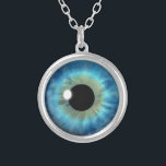 Custom Cool Blue Eye Iris Eyeball Fun Necklace<br><div class="desc">Blue Eye Iris © Sunny Mars Designs. Cool,  fun  custom printed blue eyeball round necklace with a trendy,  modern,  beautiful,  unique,  freaky,  creepy,  weird and twisted graphic illustration of a striking big blue realistic eyeball iris of an eye.  Other color eyeball designs are also available in store.</div>