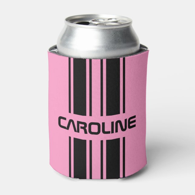 Custom Cool Cute Pink Black Auto Race Sport Stripe Can Cooler (Can Front)