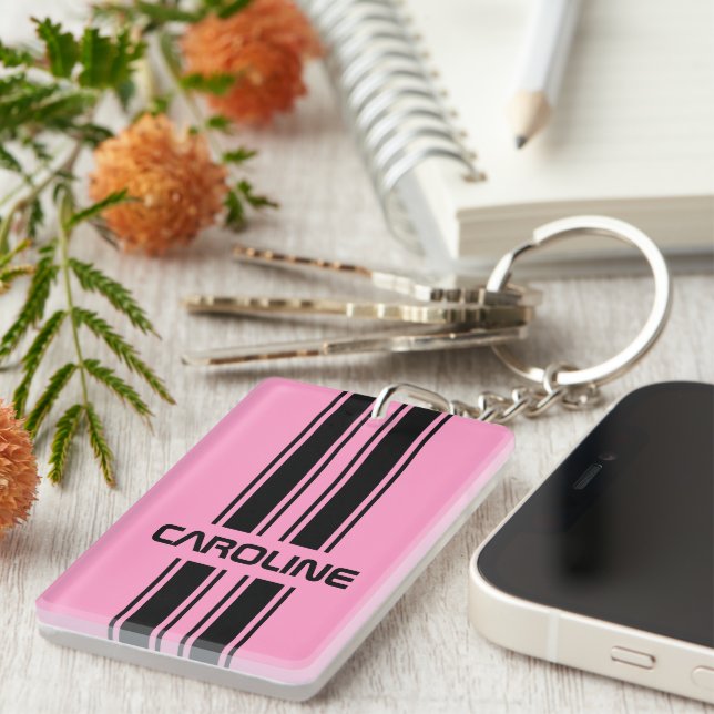 Custom Cool Cute Pink Black Auto Race Sport Stripe Keychain (Front Right)