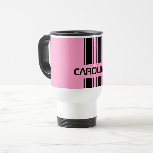Custom Cool Cute Pink Black Auto Race Sport Stripe Travel Mug (Front Left)