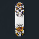 Custom Cool Illustrated Skull Skateboard<br><div class="desc">Cool illustrated sugar skull skateboard with roses personalized with your name. A bold in your face vibe for boarding.</div>