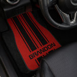Custom Cool Red And Black Auto Race Sport Striped Car Floor Mat<br><div class="desc">Classy black dual racing car stripes pattern design. Customize with name,  monogram,  initials,  or (limited) text of your choice. Designed for the stylish race car sport,  Nascar,  Indy 500,  Le Mans or Grand Prix racing fan,  the lover or owners of classic cars,  muscle cars,  hot rods,  or car shows.</div>