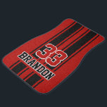 Custom Cool Red And Black Auto Race Sport Stripes Car Floor Mat<br><div class="desc">Classy black dual racing car stripes pattern design on a dark red background. Customize with name, monogram, initials, or (limited) text of your choice, and your favorite race car driver's number. Designed for the stylish race car sport, Nascar, Indy 500, Le Mans or Formula One Grand Prix racing fan, the...</div>