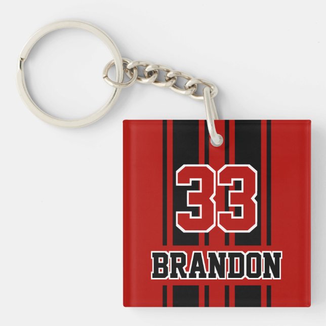 Custom Cool Red And Black Auto Race Sport Stripes Keychain (Front)