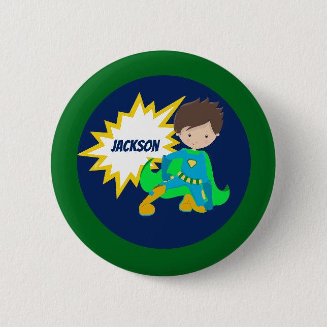 Custom Cool Superhero Kid Action Bubble Button (Front)
